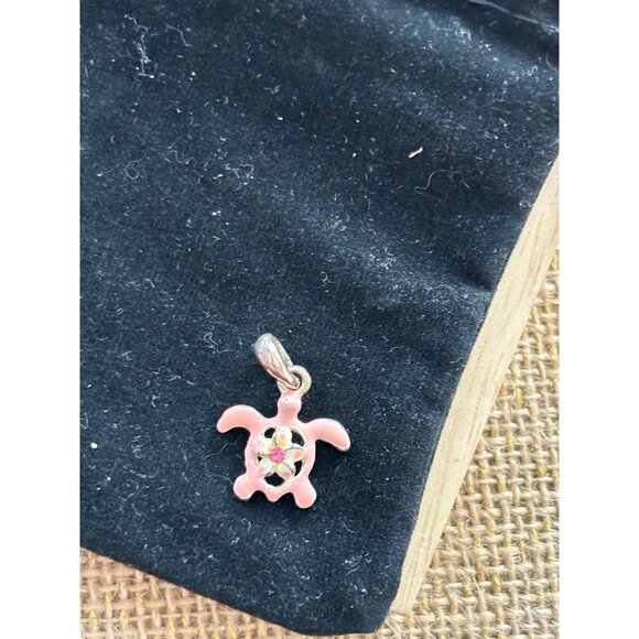 Pink Enamel Turtle Pendant With Floral Design & Crystal Accents - Picture 5 of 6